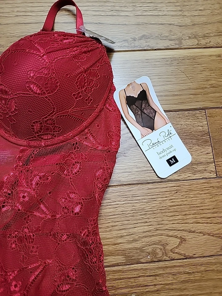 Rene Rofe Women Sleepwear Medium Red Bodysuit Push Up Lace Underwire NWT - Image 2 of 4