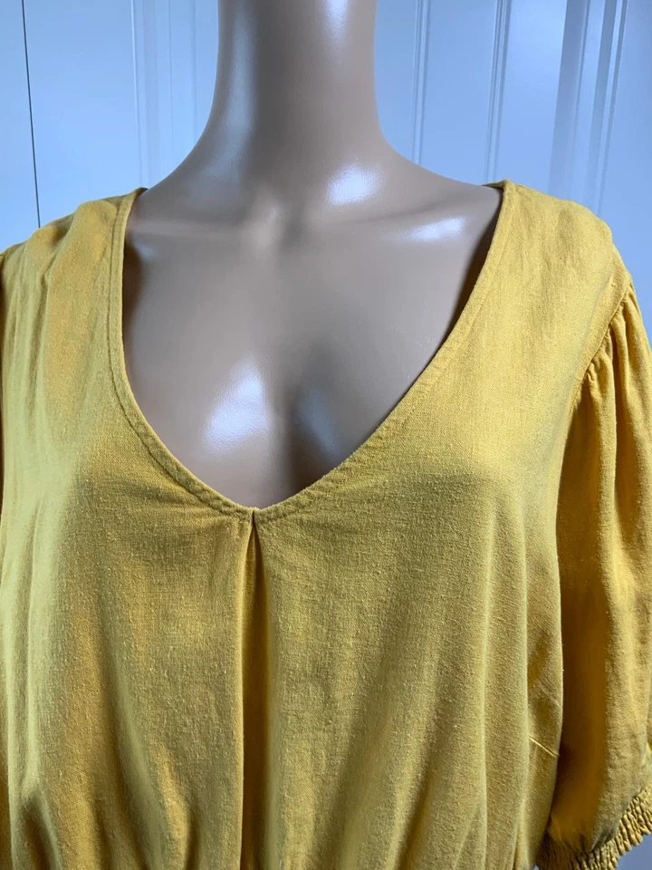 Vestido amarillo para mujer AVA y VIV talla 3X mezcla de lino manga 3/4 cuello en V cintura elástica Foto 3 de 4