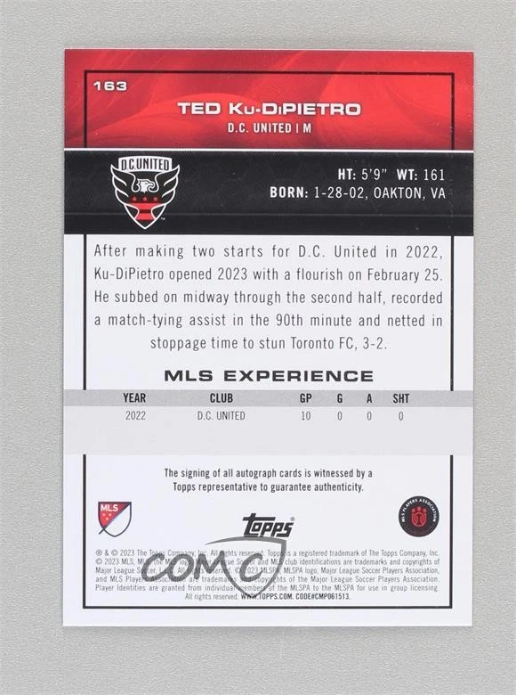 2023 Topps MLS Black Foil Auto 1/1 Ted Ku-DiPietro #163 Auto - Image 2 of 2