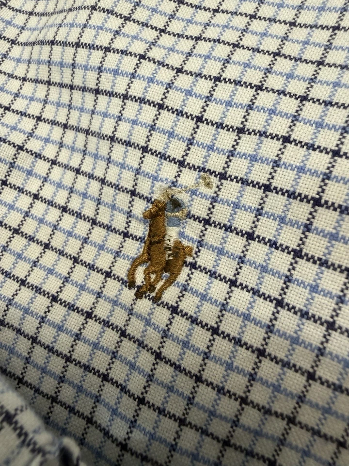 Camisa Ralph Lauren Abotonada Niños M 10 12 Azul Blanco Cuadros Carne Cuadros Pony RL Foto 4 de 4