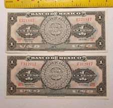 Mexico 1 Peso Aztec Calendar Notes 1961 and 1965 EF/UNC