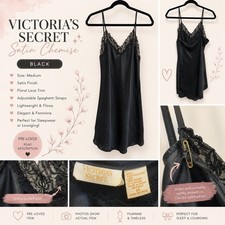 Victoria's Secret Gold Label Black Satin Lace Nightgown Slip Dress Women' Medium
