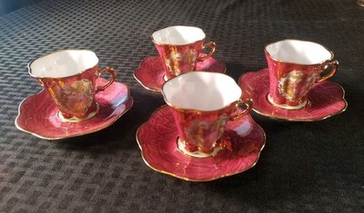 FOUR Limoges Tea Cup Saucer France Duchez Courting Couple Pink Demitasse 24KGold