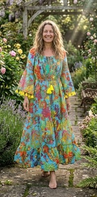  Antica Sartoria Positano Maxi Dress Under the Sea Coral Print Yellow Tassel New