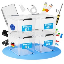 ATHLON TOOLS 4×60 L Boxen mit Deckel, transparent, stapelbar, lebensmittelecht
