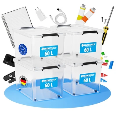 ATHLON TOOLS 4×60 L Boxen mit Deckel, transparent, stapelbar, lebensmittelecht - Bild 1 von 4