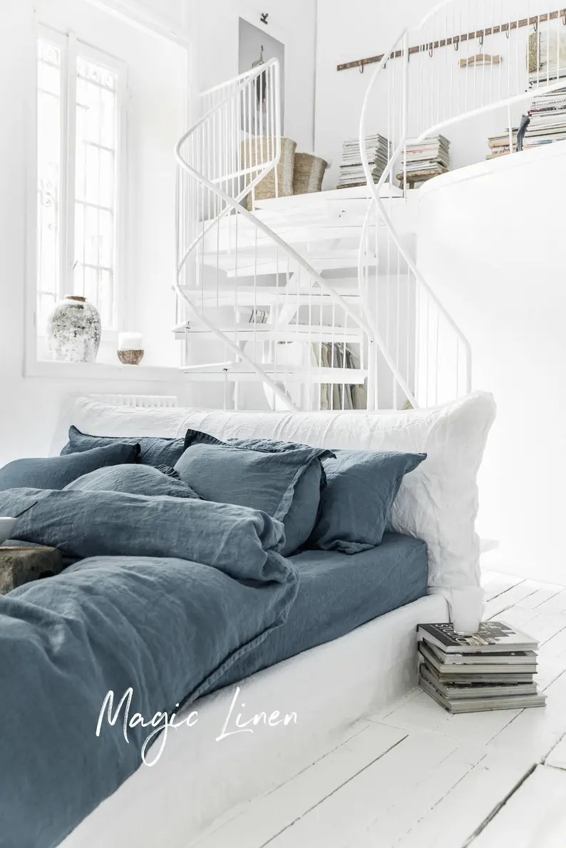 Teal Blue linen comforter cover with buttons in king queen and other custom size