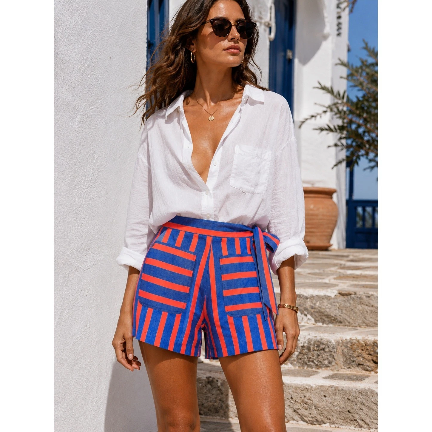 Vilagallo Shorts Striped Cotton Linen Belted High Waist Blue Orange Size 40