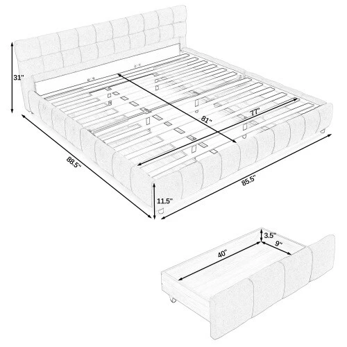 Queen King Size Bed Frames with Storage Drawer Upholstered Platform Bed Bedstead - Image 3 of 4