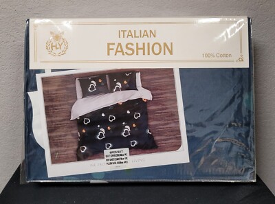 Italian Fashion Queen Size Duvet Cover Set 6 Pcs Design #HY-879 Blue Hearts