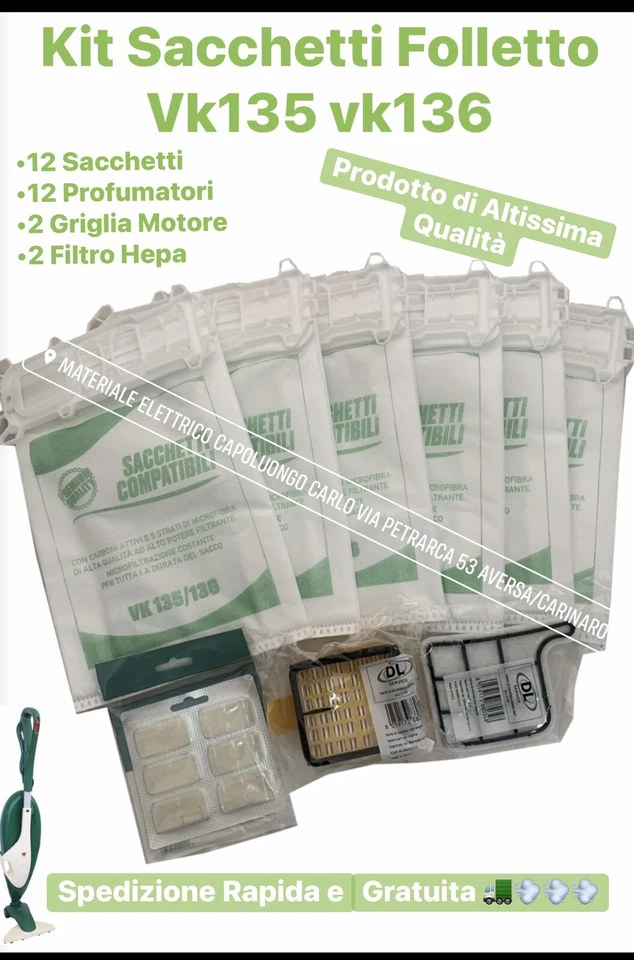 SACCHETTI FOLLETTO vk 135 136 kit 12 sacchetti 12 profumi 4 filtri I MIGLIORI