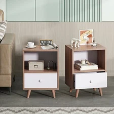 Set of 2 Nightstand Bedside End Table w/Open Storage and Drawer for Bedroom