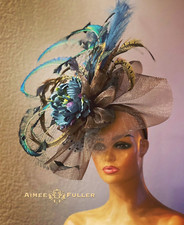 Aimee Fuller Kentucky Derby Hat Giant Fascinator Blue Floral Teal Brown Black