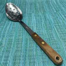 Vtg Robinson Knife Co Slotted Spoon Stainless w Wood Handle USA Serving Script