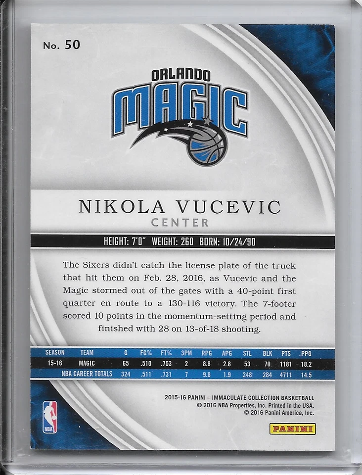 2015-16 Nikola Vucevic Insert /99 Immaculate Basketball Card #50 Orlando Magic - Image 2 of 2