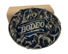 Siskiyou Pewter Belt Buckle Rodeo 3D Signed I-85/S Blue Bull Bronco Riding USA