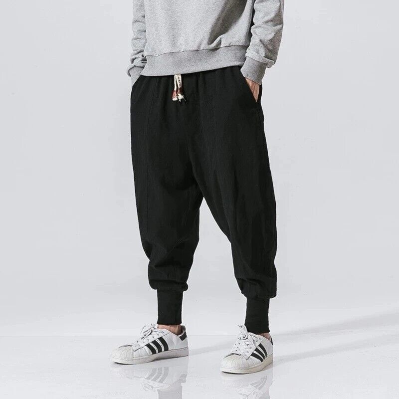 Men's Japanese Cotton Linen Stretch Jogger Pants Casual Elastic Waist