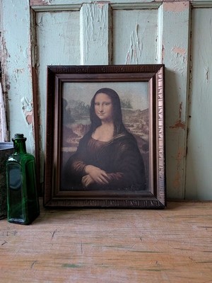Vintage Mona Lisa Druck Bild Goldrahmen Leonardo Da Vinci auf Karton Portrait