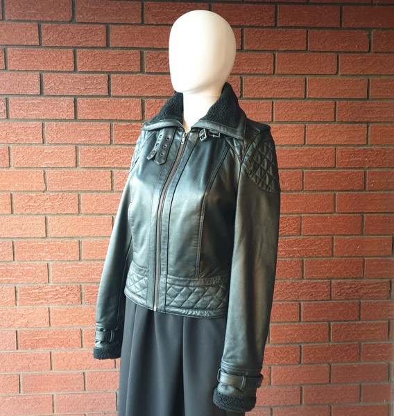 Hot Options Womens Leather Jacket Black Full Zip Faux Fur Collar Cuffs Size 10