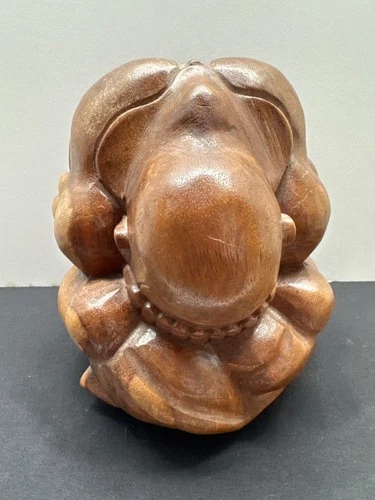 Hand-Carved Smooth Wooden Weeping Crying Buddah 8” Solid Yogi Sculpture Sorrowfu