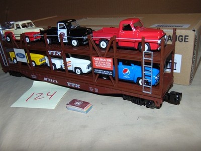 MENARDS O GAUGE 275-3914  TTX AUTOCARRIER WITH 6 FORD PICK UPS   + BOX  #124