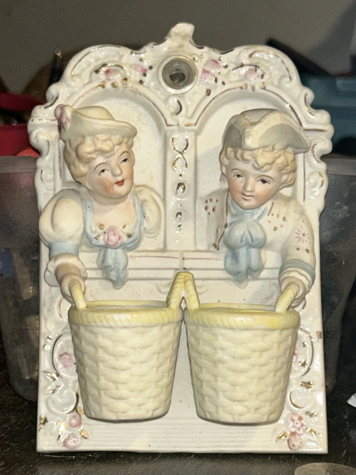 Vintage Hand Painted Chase Porcelain Wall Pocket Occupied Japan Victorian Couple