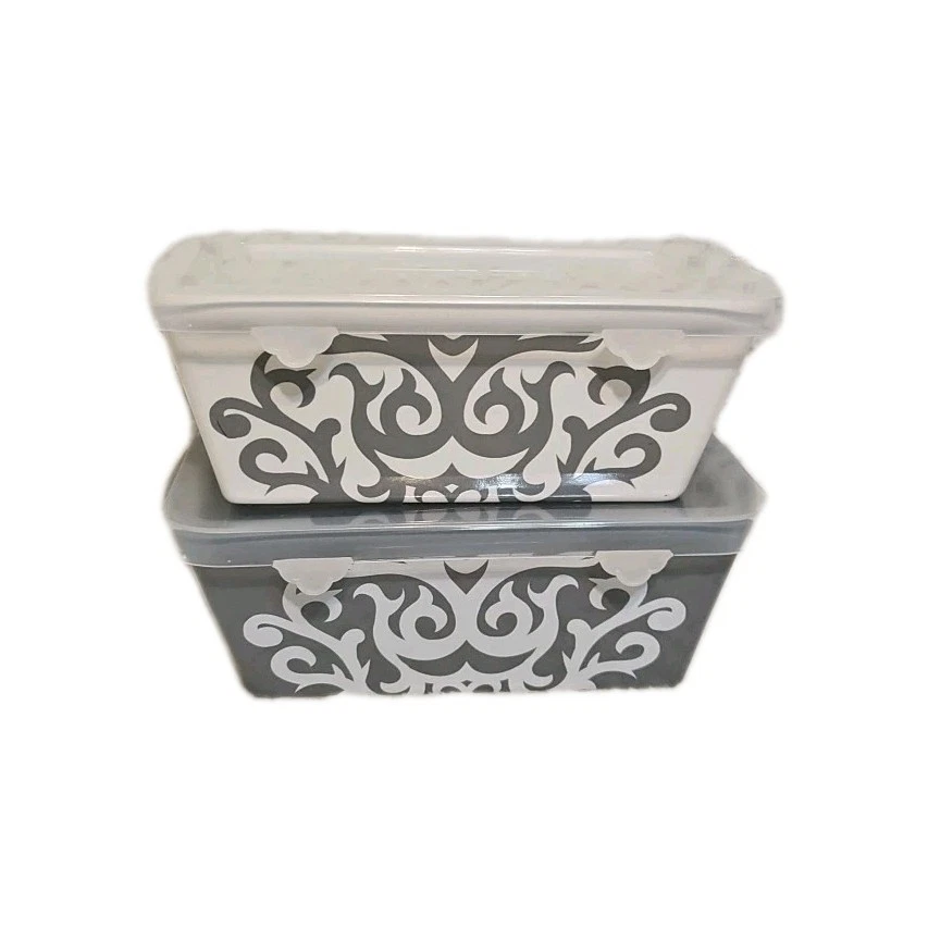 Temptations Set of 2 Gray & White Damask 14oz. Mini Loaf Pan W/Lid Ovenware NOB