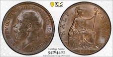 1922 Great Britain 1/2 Penny PCGS MS65BN Lot#G1760 Top Graded! Gem BU! S-4056