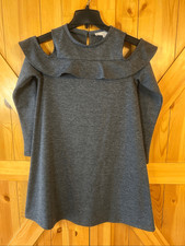 Loft Cold Shoulder Long Sleeve Charcoal Sweater Dress Ruffle Accents Size XS (57