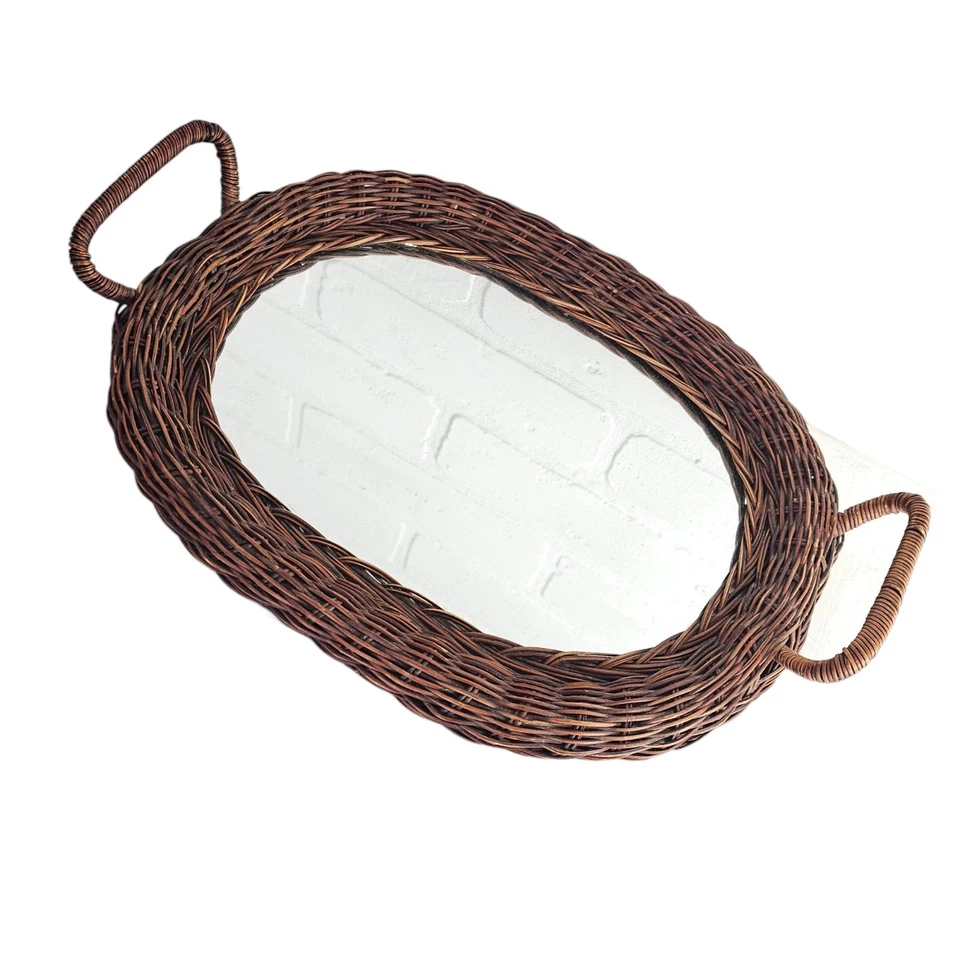 Bandeja de tocador de ratán de mimbre marrón oscuro de colección años 70 espejo ovalado vidrio boho retro 13,5 Foto 3 de 4