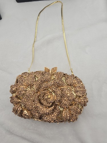 Gold Tone Metal Brown Crystal Rhinestone Rose 🌹 Clutch Evening Bag Hcbg833276-9 - Picture 3 of 12