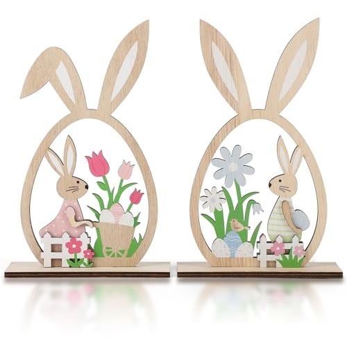 2Pcs Easter Decorations for the Home Wooden Bunny Decor Sign Farmhouse Rustic - Picture 3 of 8
