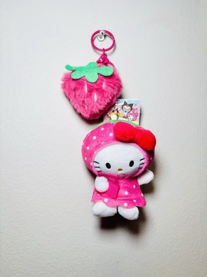 Sanrio License Hello Kitty Strawberry Plush Toy Keychain with Pink Dress and Bow