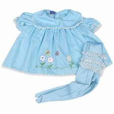 Vintage Baby Dress Girls 9-12M Blue Floral Embroidered Peter Pan Puff Sleeve