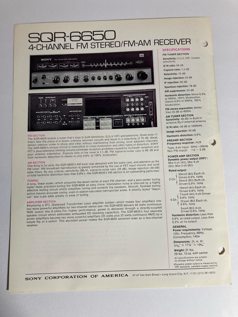 Sony SQR-6650 4-Channel Receiver Vintage Original Spec Sheet | eBay