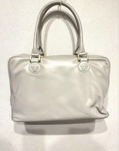 Gianni Versace Medusa Leather Handbag Mini Boston Shoulder Bag Light Gray
