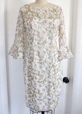 Adrianna Papell Gold Metallic Embroidered Sheath Dress Bell Sleeve Size 6 NWOT