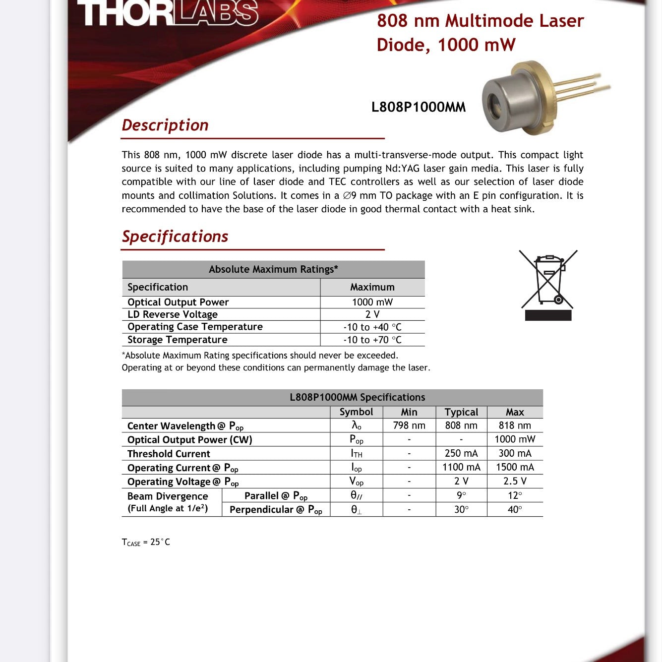 Thorlabs L808P1000MM 808nm 1000mW Ø9mm Laser Diode E-Pin Multimode New