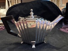 Art Deco Silverplate Teapot/Coffee Pot w/ Lid, Fluted Body, Geometric Handle