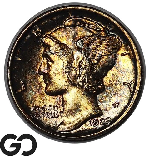 1929-D Mercury Dime, Great Album Toner, Solid Gem BU++, Color, Strong Bands!