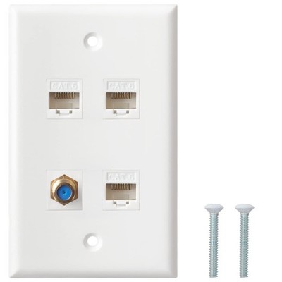 4 Port Wall Plate, 3 Cat6 Keystone Female, 1 F Type Coax Connector, White