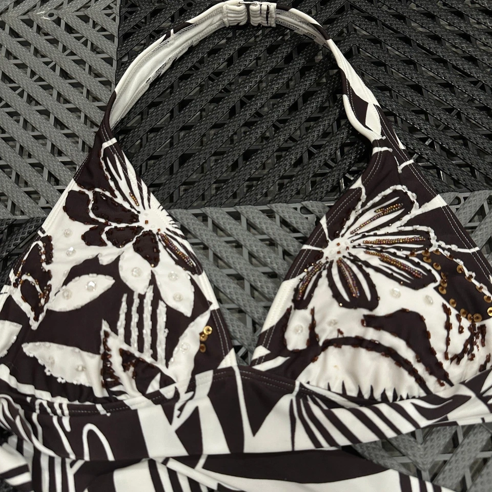 Top de bikini La Blanca marrón blanco estampado floral halter lentejuelas talla 10 Foto 2 de 4