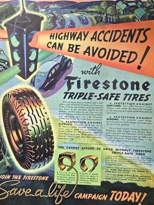 1937 Firestone Tires Highway Accidents Can Be Avoided Vintage Color Ad