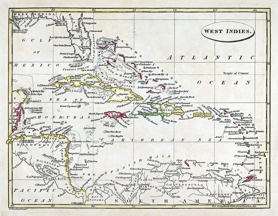 Mapa John Russell 1817 Indias Occidentales Caribe Cuba Jamaica Bahamas Antiqua PR FL Foto 2 de 4