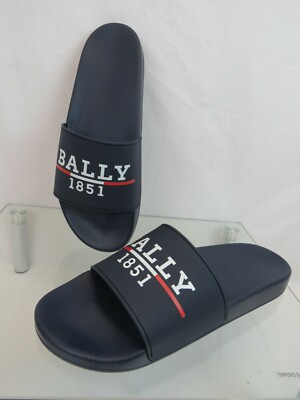 NIB BALLY SAMUEL BLACK RUBBER WHITE LETTERING LOGO SANDALS SLIDES 9 D ITALY BALLY SAMUEL INK NAVY RUBBER WHITE LETTERING LOGO SANDALS  main image 2