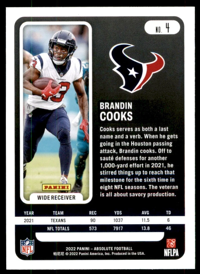 2022 Panini Absolute Brandin Cooks Houston Texans #4 - Image 2 of 2