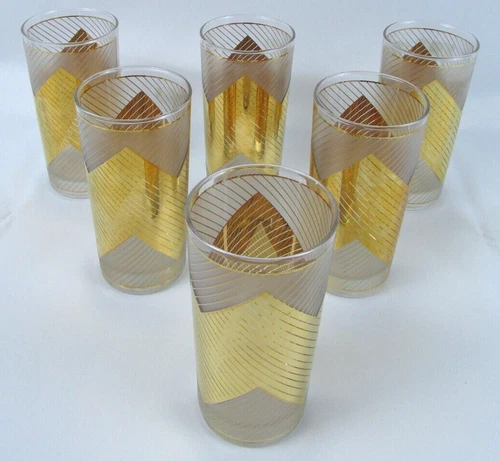 ✨ Culver Gold Chevron 22k Highball Glasses ✨ Classic MCM, 5 1/2", Set of 6