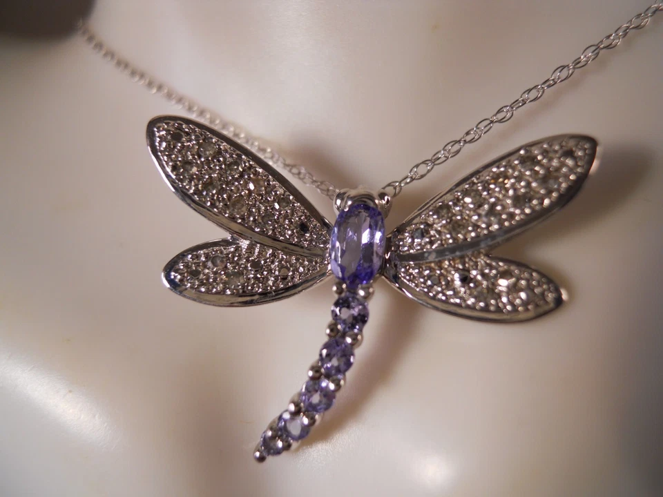QVC 10K ORO BLANCO TANZANITA DIAMANTE LIBÉLULA COLGANTE Y COLLAR CADENA 18" 2.4G Foto 3 de 4