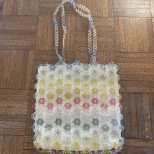 Cynthia Rowley Tote Bag Pastel Beaded Purse Flower Design Over Light Canvas Bag