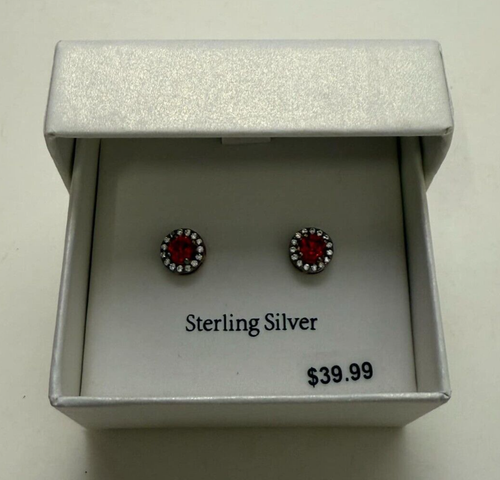 925 Sterling Silver Red Ruby Round Halo Stud Earrings